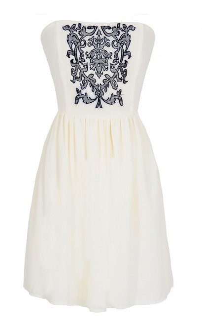 Filigree Embroidered Strapless Dress in Ivory